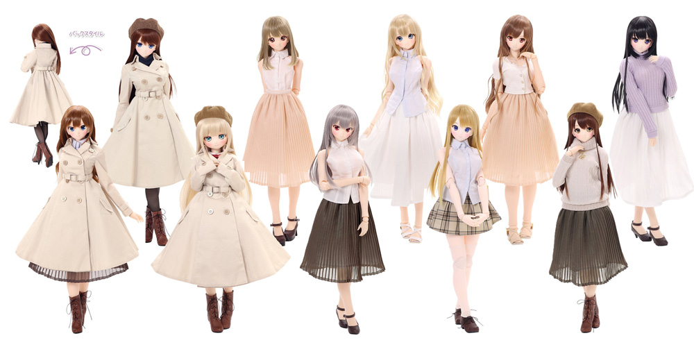 [予約開始]『AZONE』45～50cmドール用ミニコスチュームから「フレアトレンチコート」「ホルターネックシャツ」「ジョーゼットプリーツスカート」「ゆるふわロングスカート」「レースアップヒールショートブーツ」が登場！[アゾン]